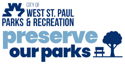 West St. Paul Parks and Recreation logo, Text: Preserve our Parks. Image: Tree with a bench 