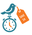 Icon of bird holding clock with a note that says \"save $4\"